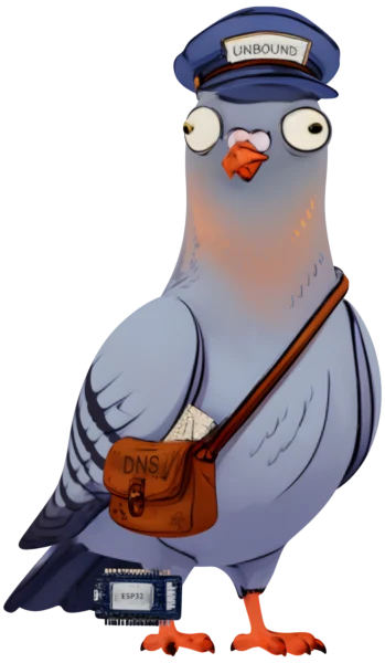 Artie A. Record, the espDNS pigeon: a cartoon pigeon in a blue postman's cap, a satchel over his shoulder